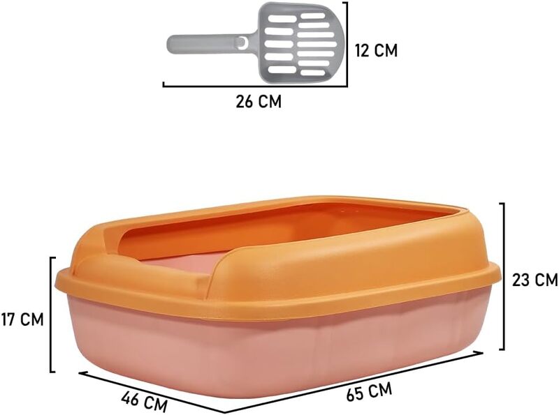 Semi-enclosed cat litter box large space, Removable, Slip resistant with litter scoop, Suitable for medium large cats, Anti-splashing with raised fence (Orange and Pink Color) 46 cm L